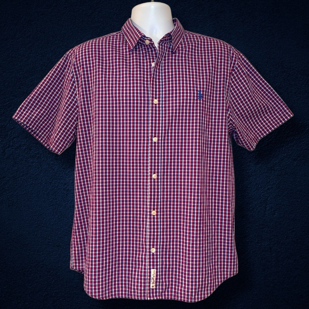 Original Penguin Classic Fit Button Down Shirt XL Red Blue Check Short Sleeve